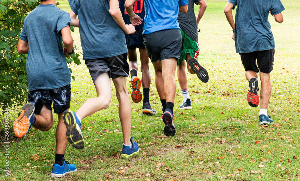 Rear view of boys running on grass turning left around bush Rear view of boys running on grass turning left around bush