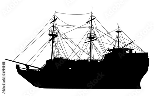 vector silhouette of an old sailing ship on a white isolated background