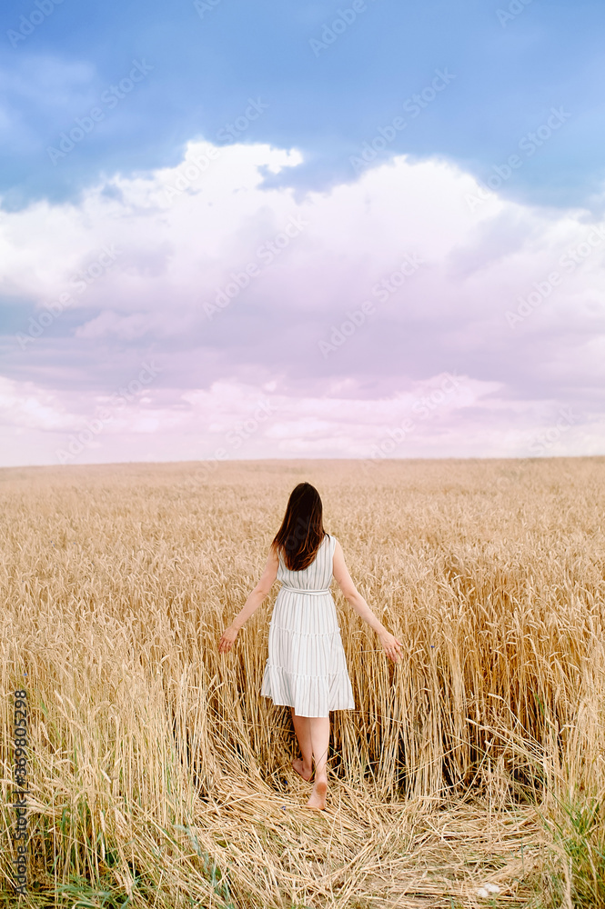 the girl from the back opening her hands goes into the sunset field with wheat in the open air in summer the girl from the back opening her hands goes into the sunset field with wheat in the open air in summer
