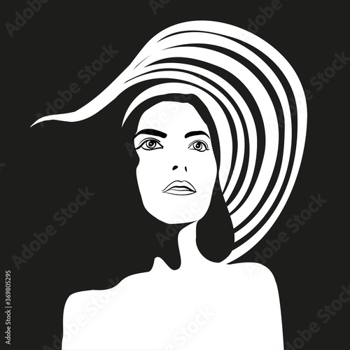 Black and white vector illustration in a minimalist style. An image of a girl in a hat representing the feeling of summer, sea, sun and vacation