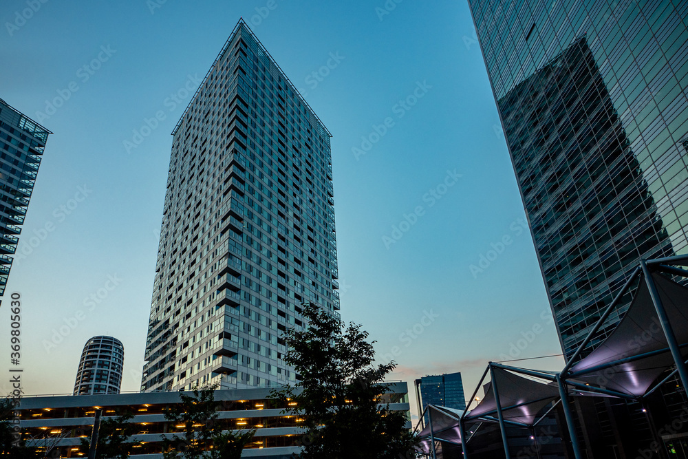 Obraz premium evening view of modern part of Slovakia capital city Bratislava, business district