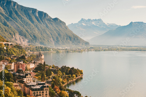 Fényképezés Summer landscape of Montreux city, Switzerland, canton of Vaud, aerial view