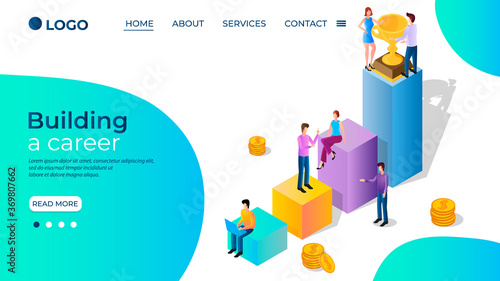 Building a career.People are engaged in career development.The concept of striving for success in work.Team work.Isometric vector illustration.The template of the landing page.