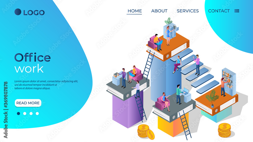 Office work.The concept of joint work of employees and businessmen.Teamwork.Office plankton.Isometric vector illustration.The template of the landing page.