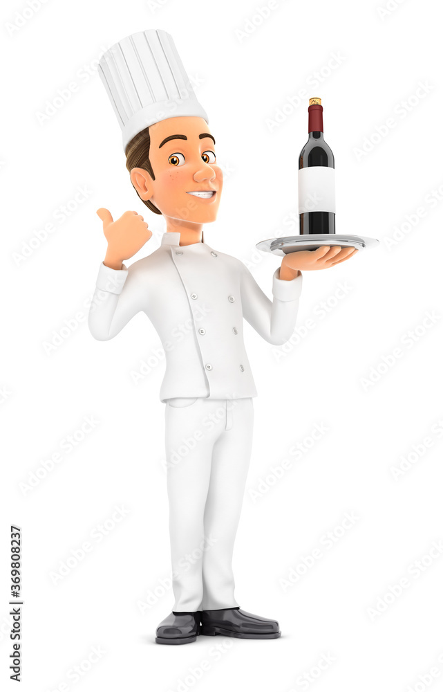 3d head chef standing with wine bottle and thumb up 3d head chef standing with wine bottle and thumb up