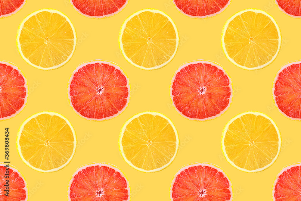 Fototapeta premium Pattern of fresh fruits isolated on creative colored texture