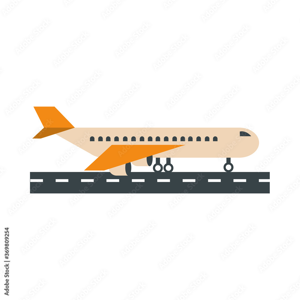 airport aircraft on runway side view, travel transport terminal tourism or business flat style icon