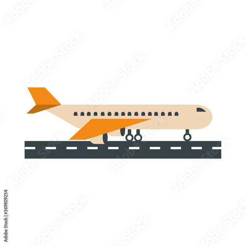 airport aircraft on runway side view, travel transport terminal tourism or business flat style icon