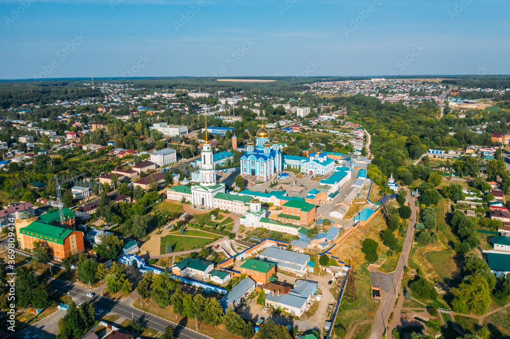 Zadonsk, Russia. Vladimir Cathedral of the Zadonsk Nativity of mother of God monastery, aerial view.