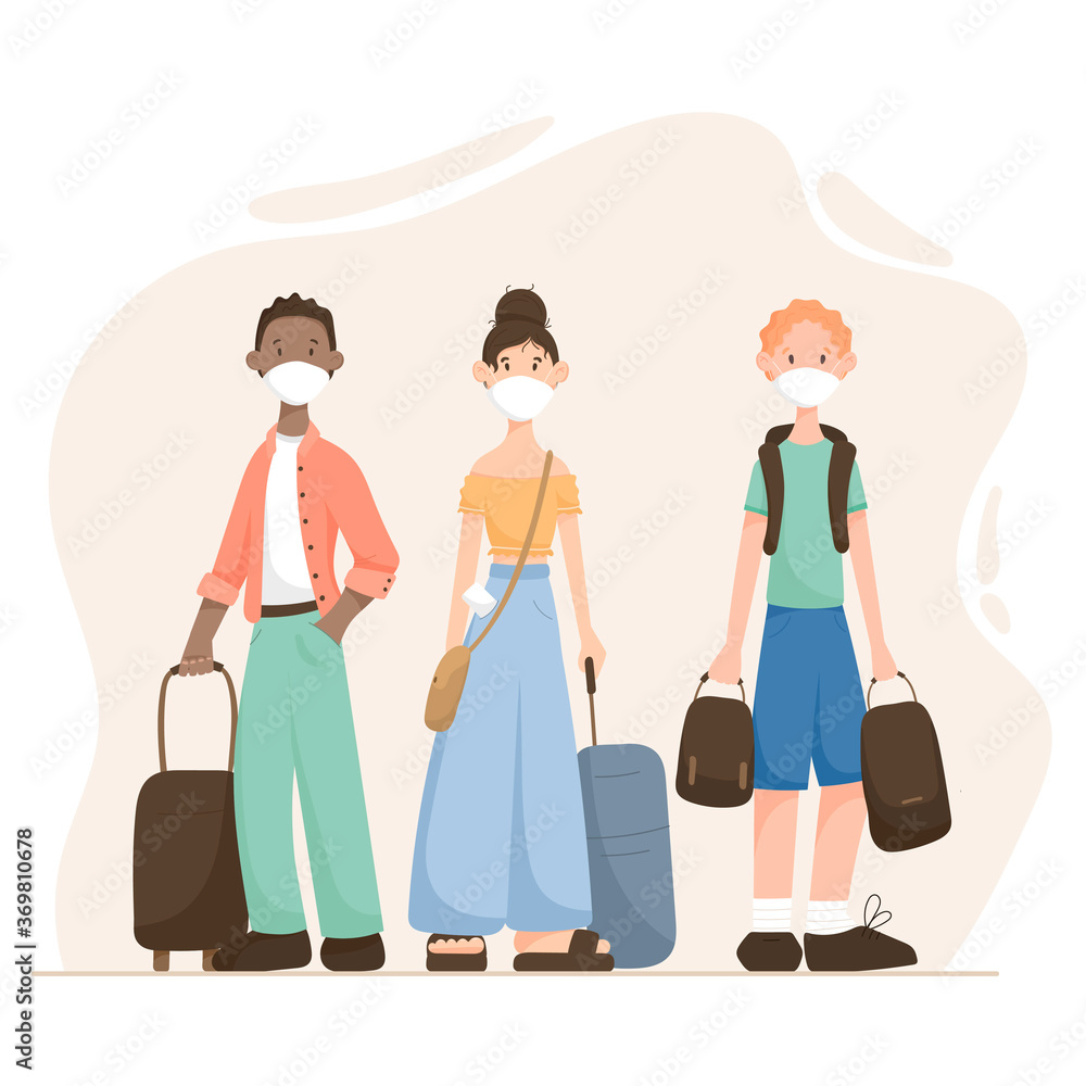 Vector illustration of cartoon modern flat people man and woman travel with suitcases and medical masks on their faces.
