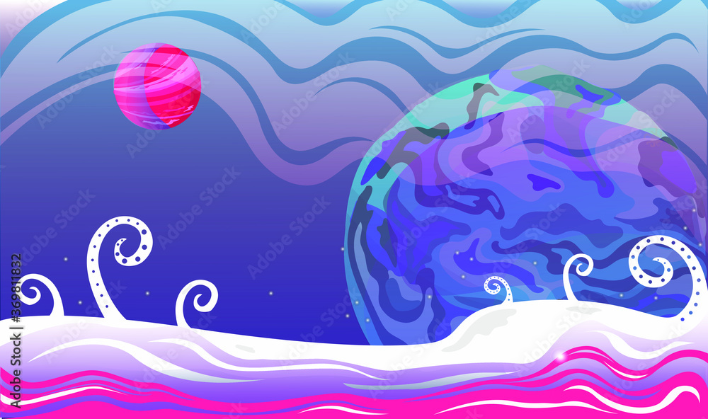 Fantasy alien planet background. View from a fantastic pink and purple planet. Vector illustration. Fantasy alien planet background. View from a fantastic pink and purple planet. Vector illustration.