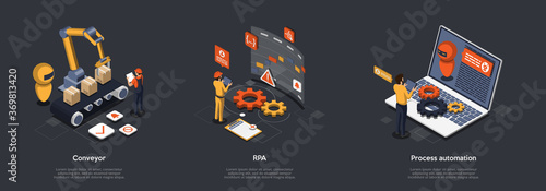 Concept Of Process Automation With High Technology And Programming. Characters Refine Production Processes With Robotic Process Automation. Robot Manage By Conveyor. Isometric 3D Vector Illustration