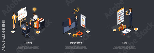 Business Presentation Concept. Leader Make Presentation With Infographic On Screen With Charts. Using Personal Experience And Skills. Characters Make Note In Laptops. Isometric 3d Vector Illustration