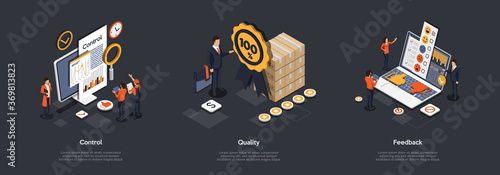 Concept Of Product Quality Control. Business People Men And Women Analyse Feedback On The Internet, Consider Customers Wishes, Control Quality Of The Product. Isometric 3D Vector Illustrations Set