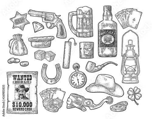 Set with Wild West and casino symbols. Vector vintage engraving black illustration