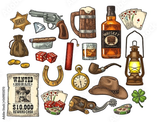 Set with Wild West and casino symbols. Vector vintage engraving black illustration
