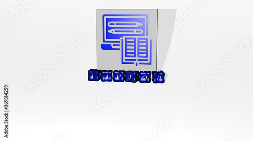 3D illustration of laptop graphics and text made by metallic dice letters for the related meanings of the concept and presentations. computer and business
