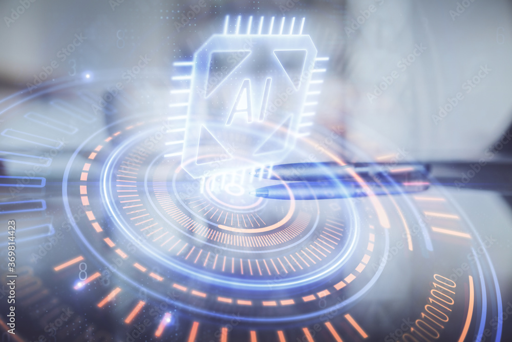 Double exposure of Ai data theme drawing over coffee cup background in office. Double exposure of Ai data theme drawing over coffee cup background in office.