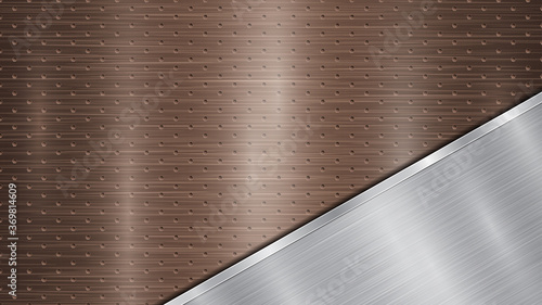 Background of bronze perforated metallic surface with holes and angled silver polished plate with a metal texture, glares and shiny edges