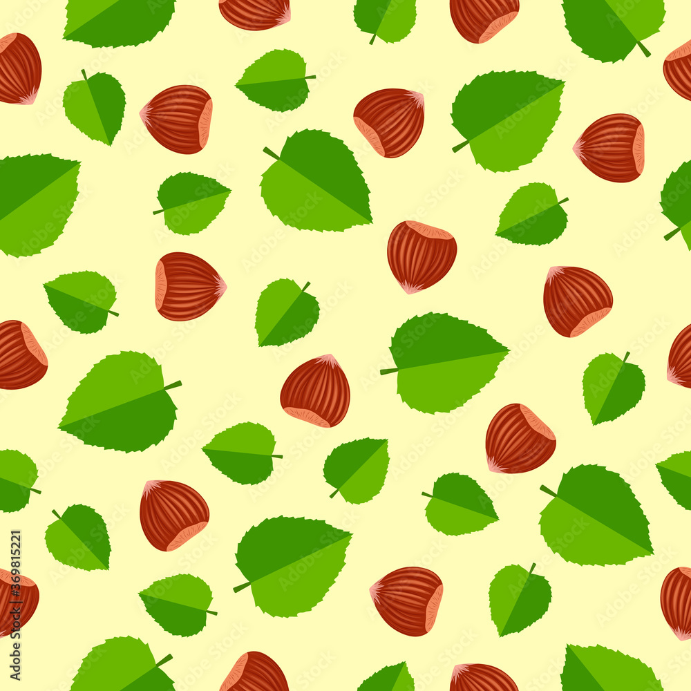 Fototapeta premium Nut seamless pattern.Vector pattern with hazelnuts in shells and green leaves on a yellow background. For the design of fabrics, packaging and wallpapers.