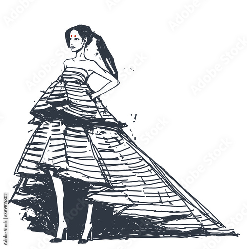 Fashion illustration. Young girl, in a beautiful dress.  Fashion woman. Vector hand-drawn sketch.