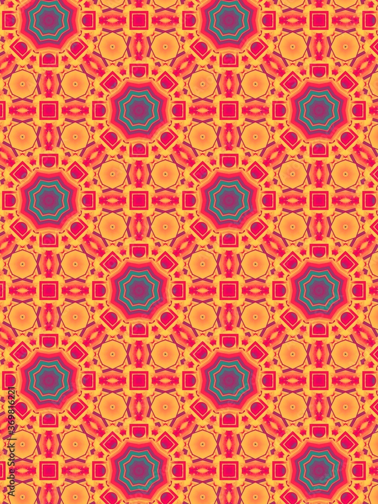 Abstract complex vintage circles background in vibrant colors. Detailed retro illustration, Symmetric pattern with orange circles.