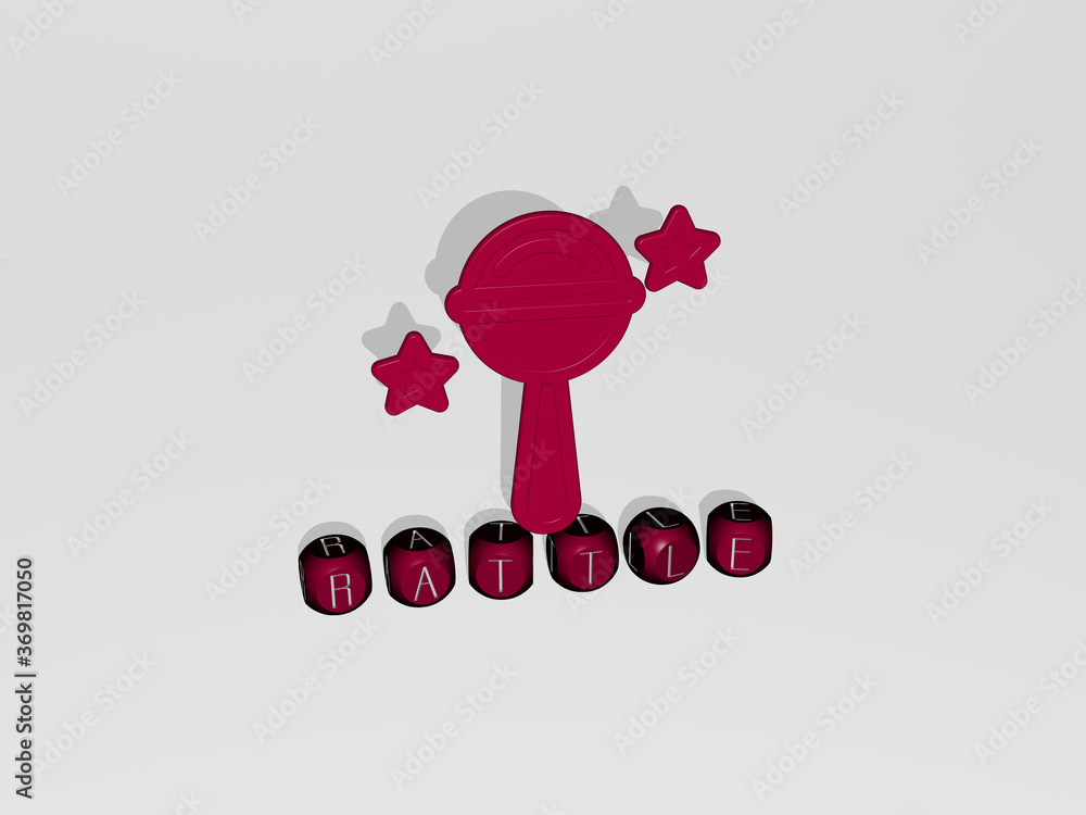 3D representation of rattle with icon on the wall and text arranged by