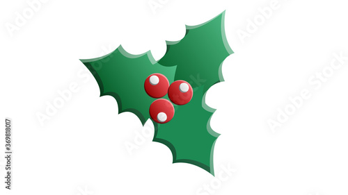 Twig of holly with leaves and berries on white background. Happy new year decoration. Merry christmas holiday. New year and xmas celebration. Vector illustration in flat style