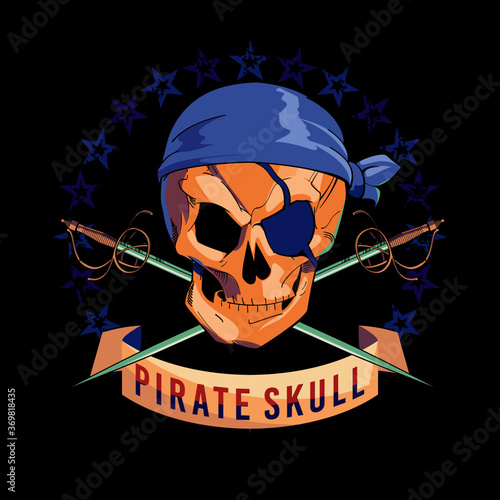 Vector illustration of pirate skull, with eye patch and two crossed swords on black background. Pirate flag design for poster or t-shirt.