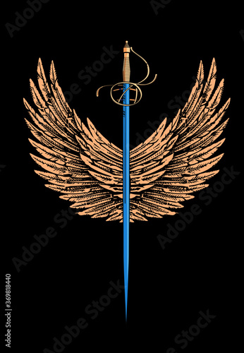 Vector illustration of a vertical sword with wings on black background. Vintage design for t-shirts or posters.