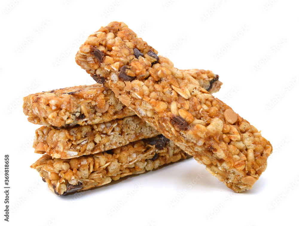 Stack chocolate chip with peanuts protein bars isolated on a white background. Stack chocolate chip with peanuts protein bars isolated on a white background.