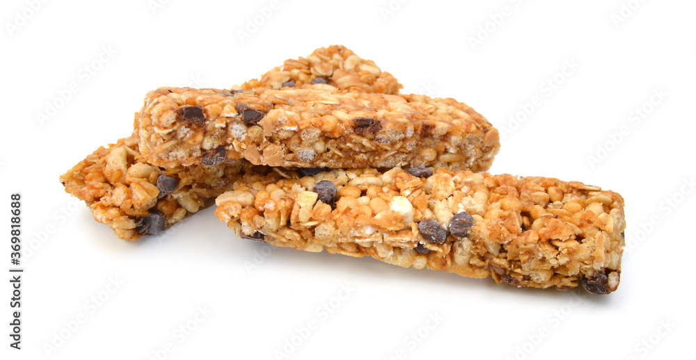 Stack chocolate chip with peanuts protein bars isolated on a white background. Stack chocolate chip with peanuts protein bars isolated on a white background.