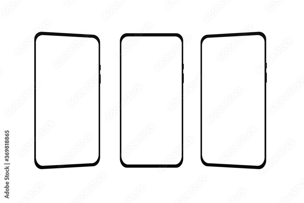 Set of modern frameless smartphones isolated on white background. Smartphones with blank screen. 3d render.