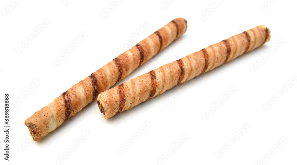 Wafer roll with chocolate and cocoa coating on a white background Wafer roll with chocolate and cocoa coating on a white background