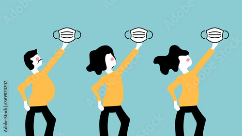 People holding medical mask, pink cheek character,vector illustration for graphic design website, relaxing color