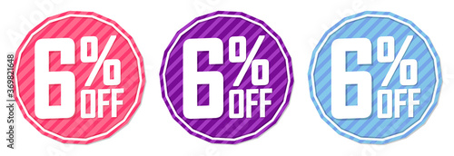 Set Sale 6% off banners, discount tags design template, promo app icons, vector illustration