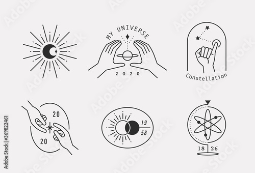 Hand and simple line symbol symbolizing space and science. flat design style minimal vector illustration.