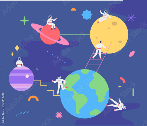 Cute astronauts roaming many planets. flat design style minimal vector illustration.