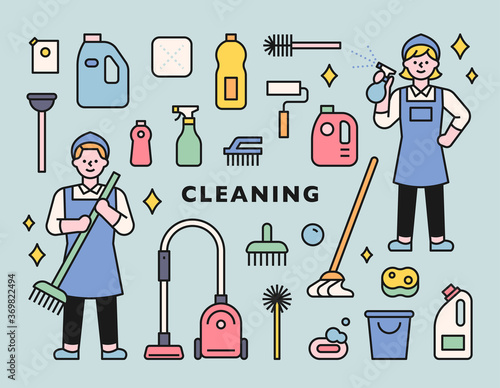 Cleaning character and various cleaning tools icon set. flat design style minimal vector illustration.
