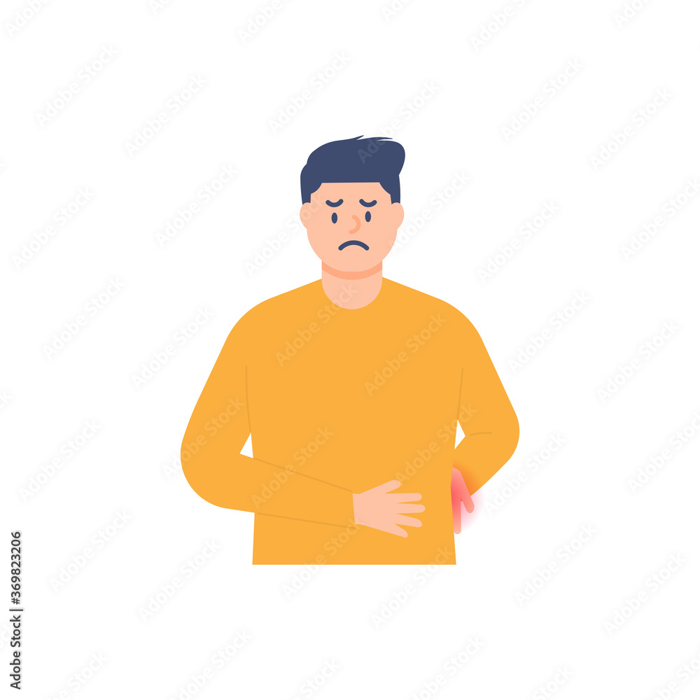 illustration of a man holding his waist due to suffering from back pain, muscle aches, scoliosis, and ulcers. flat design. can be used for elements, landing pages, UI, websites