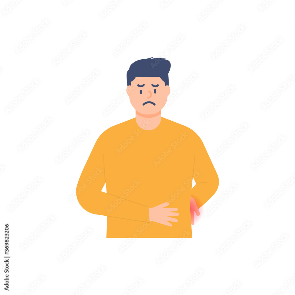 illustration of a man holding his waist due to suffering from back pain, muscle aches, scoliosis, and ulcers. flat design. can be used for elements, landing pages, UI, websites illustration of a man holding his waist due to suffering from back pain, muscle aches, scoliosis, and ulcers. flat design. can be used for elements, landing pages, UI, websites