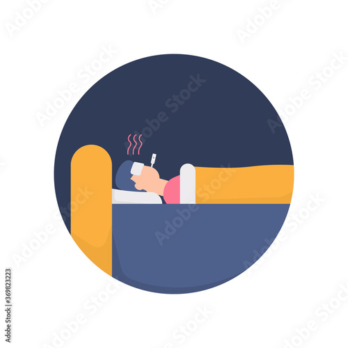 illustration of a man who compressed his forehead and lay in bed because of a fever. flat design. can be used for elements, landing pages, UI, websites, icons