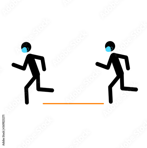 Stick a man in an antiviral medical mask does sports. Keep a social distance during outdoor and indoor sports. Be safe. Banner.