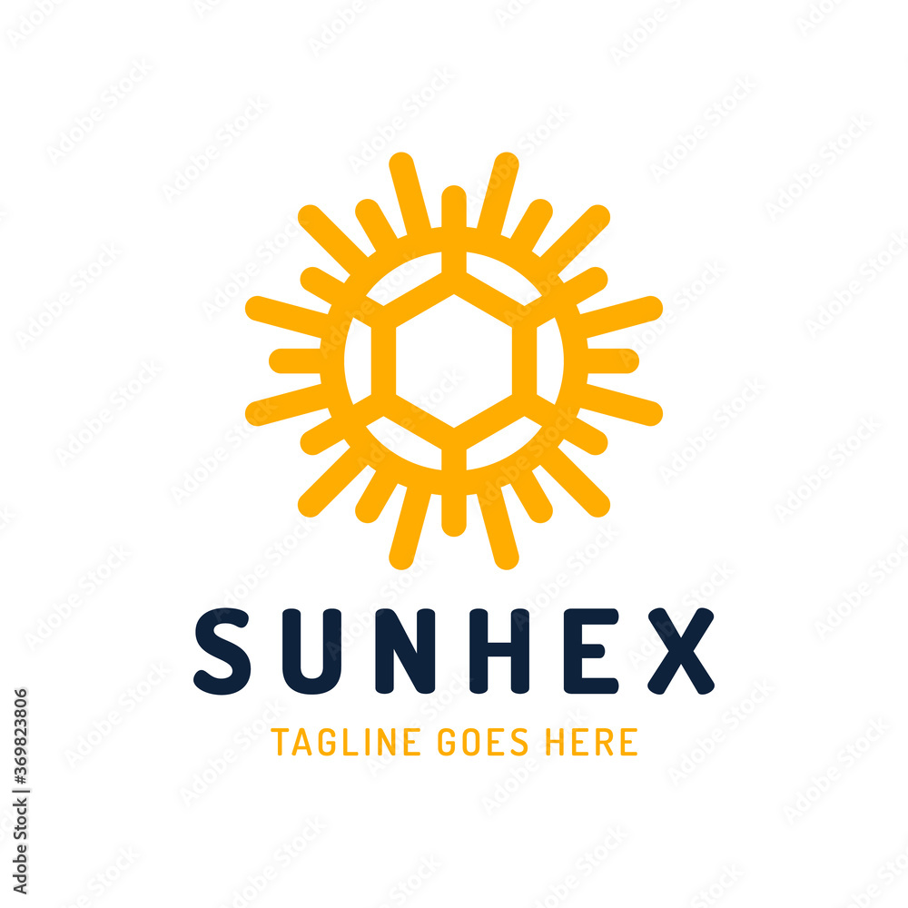 Fototapeta premium Abstract stylized summer sun with hexagon icon logotype. Vector logo template