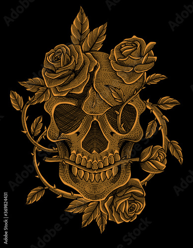 Illustration vector skull head with rose flower vintage on black background.