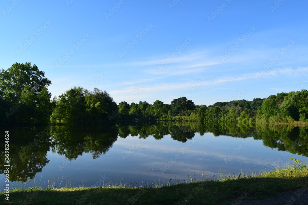 Quiet summer landscape with blue sky and reflection of lush green trees in still water