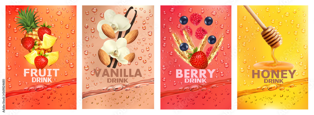 Set of labels with fruit and berry  drink. Fresh fruits juice splashing together- vanilla, almond, strawberry, pineapple, raspberry, honey juice drink splashing. 3d fresh fruits. Vector illustration
