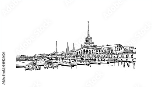 Building view with landmark of Sochi, a Russian city on the Black Sea, is known as a summer beach resort. Hand drawn sketch illustration in vector.