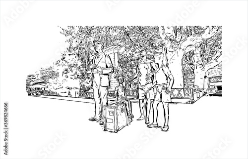 Building view with landmark of Sochi, a Russian city on the Black Sea, is known as a summer beach resort. Hand drawn sketch illustration in vector.