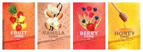 Set of labels with fruit and berry  drink. Fresh fruits juice splashing together- vanilla, almond, strawberry, pineapple, raspberry, honey juice drink splashing. 3d fresh fruits. Vector illustration